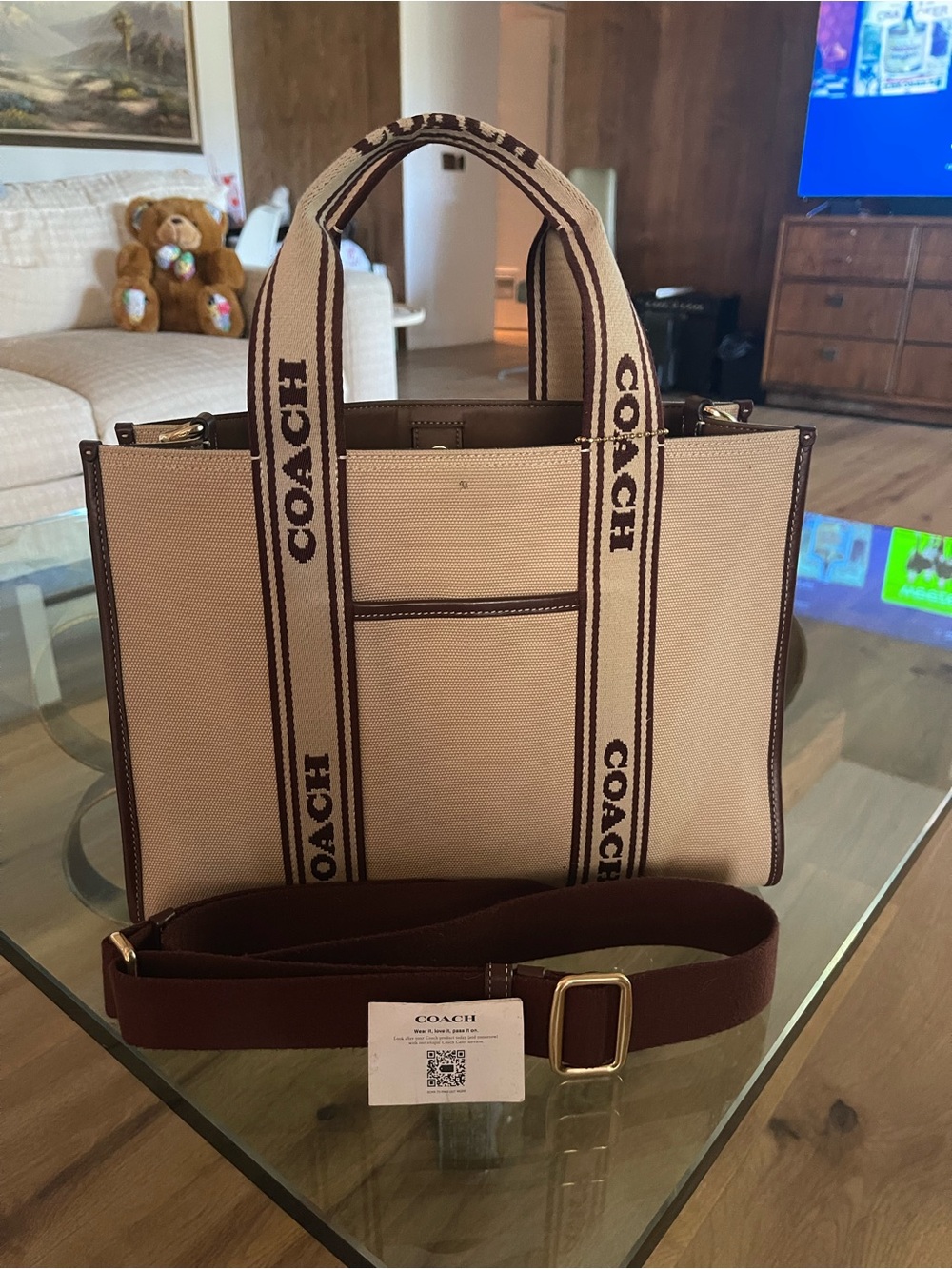 Coach Beige Canvas Messenger Tote with Brown Trim and Logo Straps